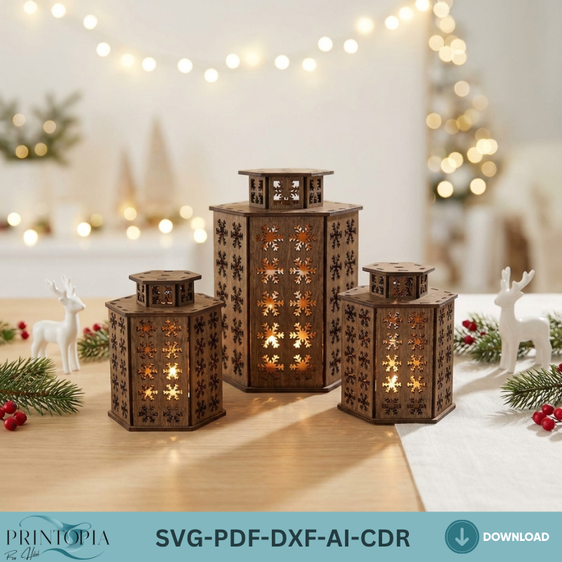 Laser Cut Christmas Lantern Wooden Snowflake Tealight Lamp 3 Sizes Holiday Home Decor 3D