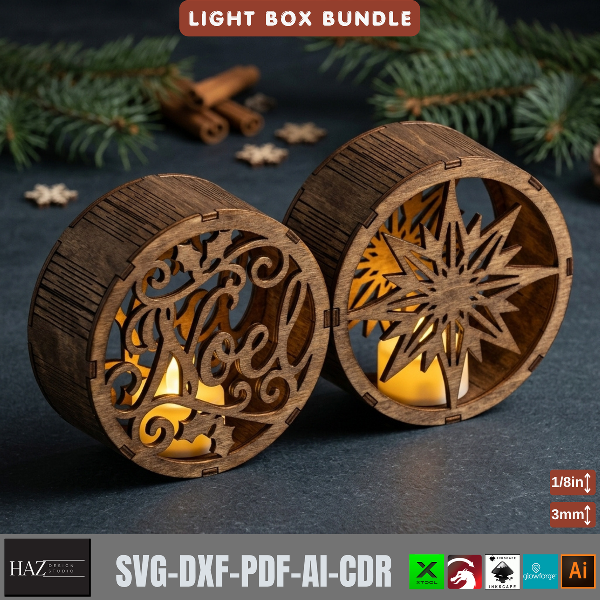 Christmas Light Box Bundle Laser Cut Vector, Wooden Tealight Lantern Template, Holiday Table Decor 578