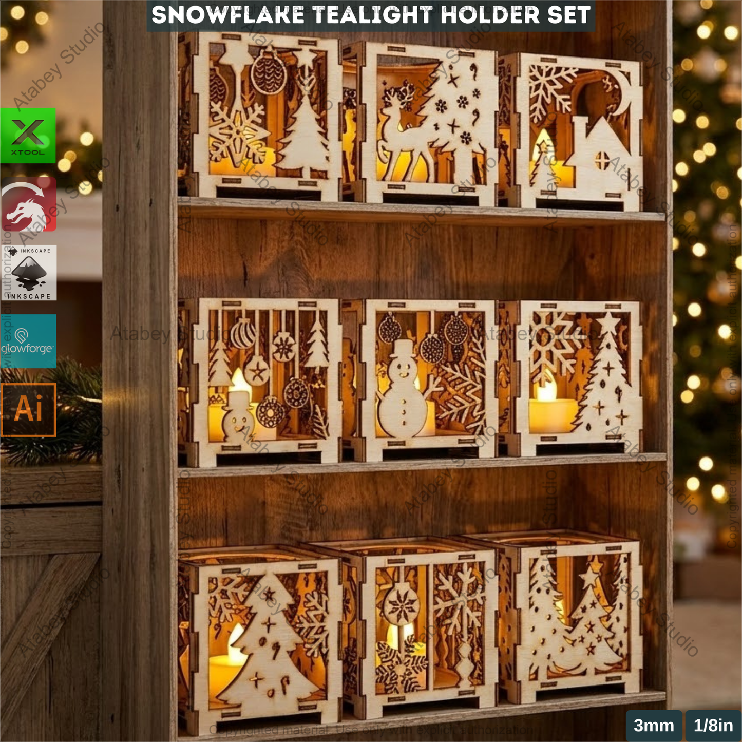 Christmas Tealight Box Set SVG, Laser Cut Christmas Candle Lantern Templates, Layered Tabletop Candle Holders 980