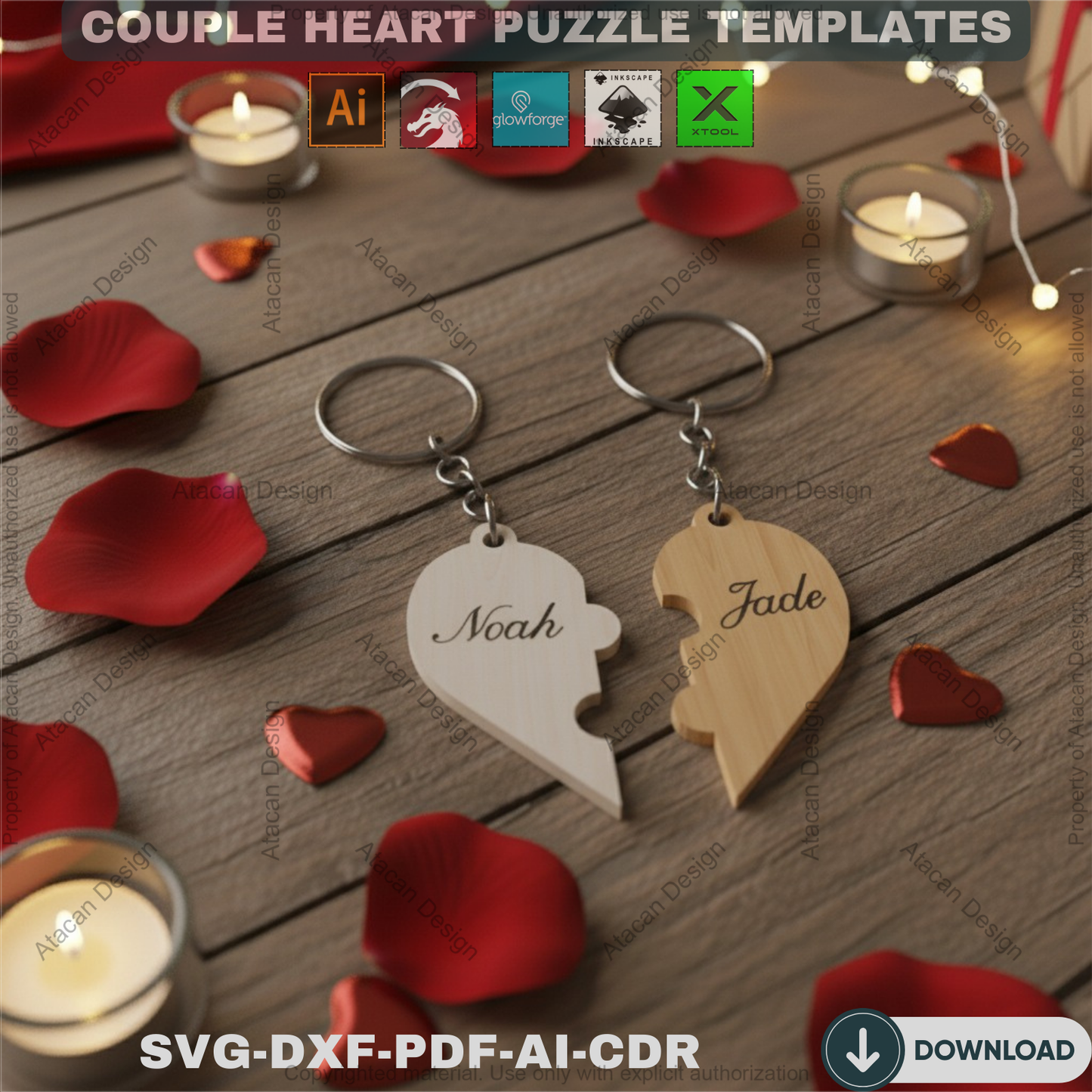 Couple Heart Keychain Laser Cut Files / Our Hearts Keyring Laser vector files / SVG DXF CDR Ai 304