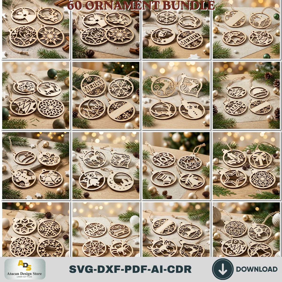 Laser Cut Christmas Ornament Bundle 60 Designs, Wooden Baubles and DIY Tree Decorations