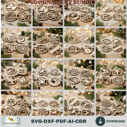 Laser Cut Christmas Ornament Bundle 60 Designs, Wooden Baubles and DIY Tree Decorations