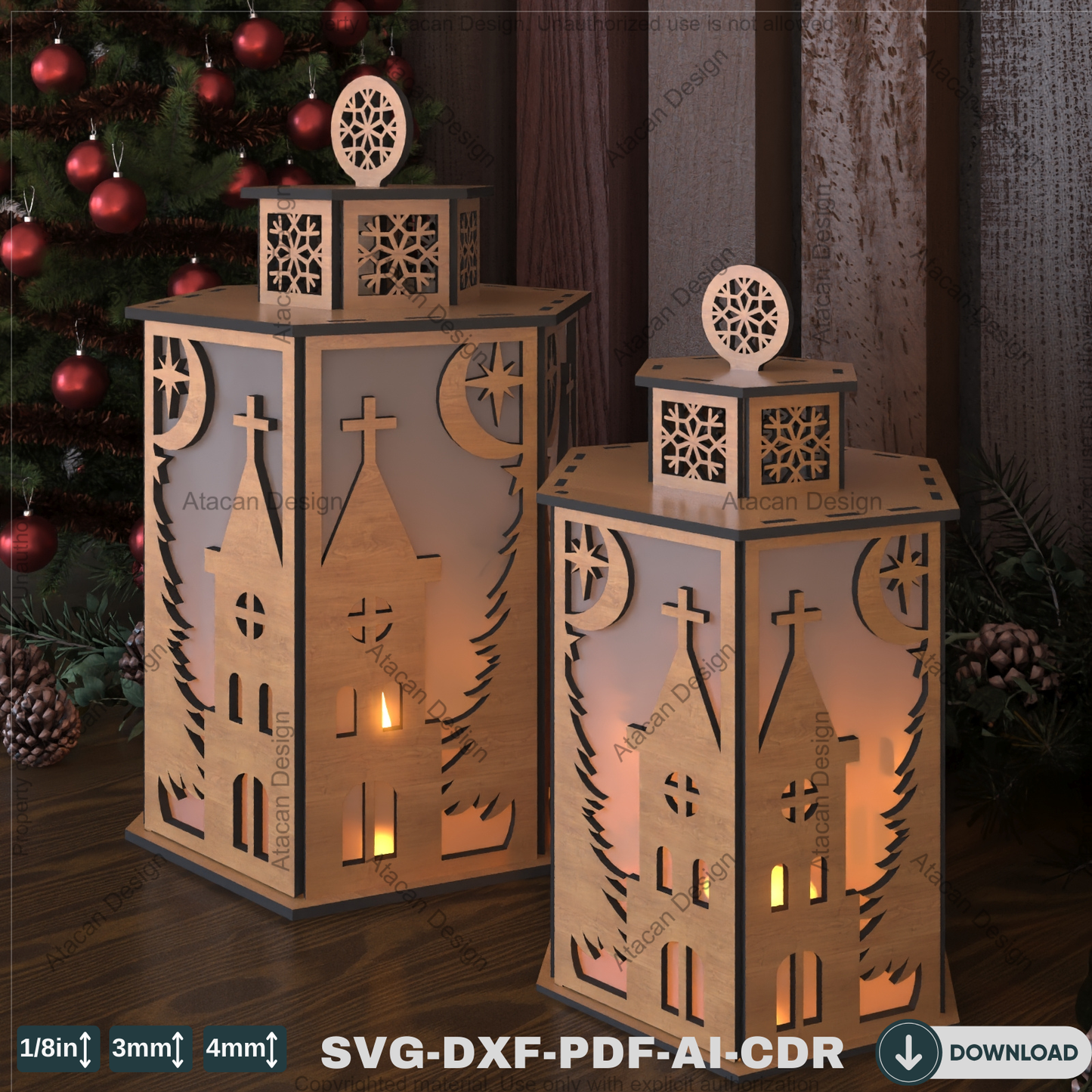 Festive Church Lantern Design – Reindeer and Christmas Tree Candle Holder Template 785