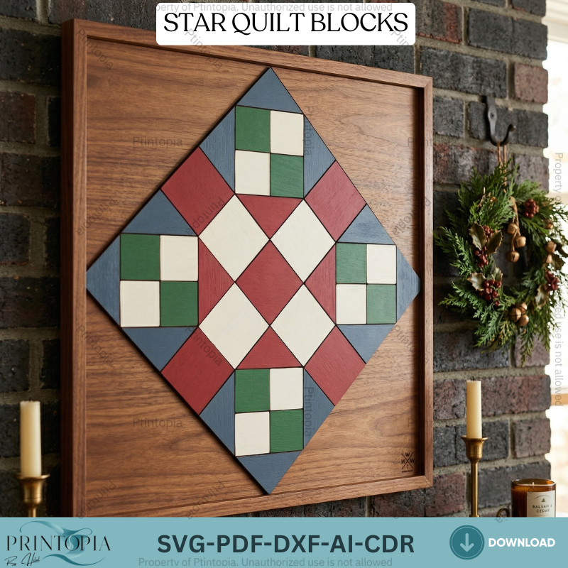 Star Quilt Block Wooden Wall Art Pattern Geometric Barn Quilt Laser Cut Design Template 343