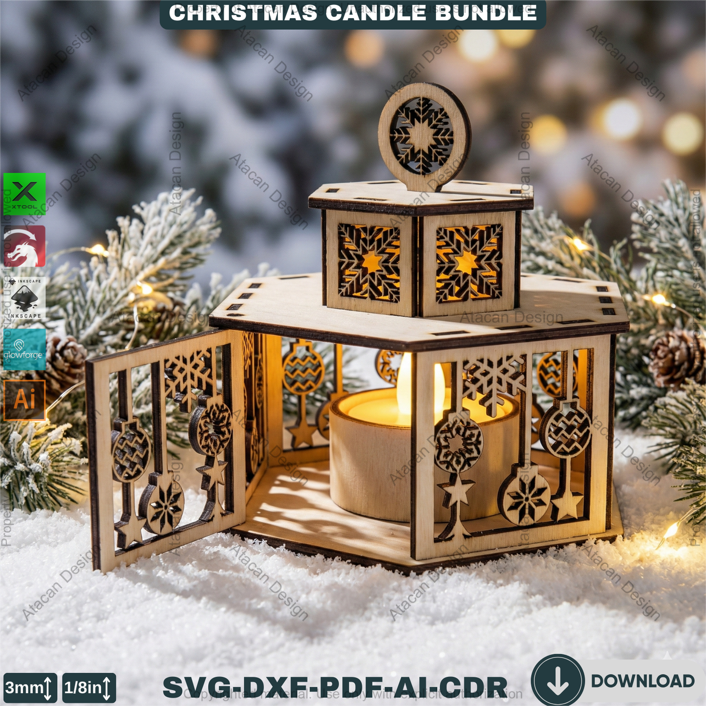 Christmas Candle Holders - Lanterns With Lid - Tealight Laser Cut Lamp Designs - Night Light Decoration 922