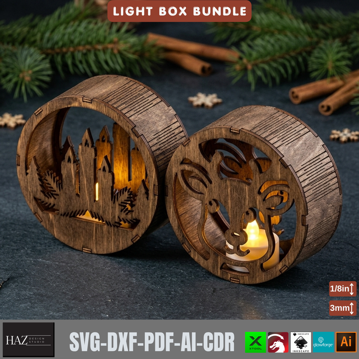 Christmas Light Box Bundle Laser Cut Vector, Wooden Tealight Lantern Template, Holiday Table Decor 578