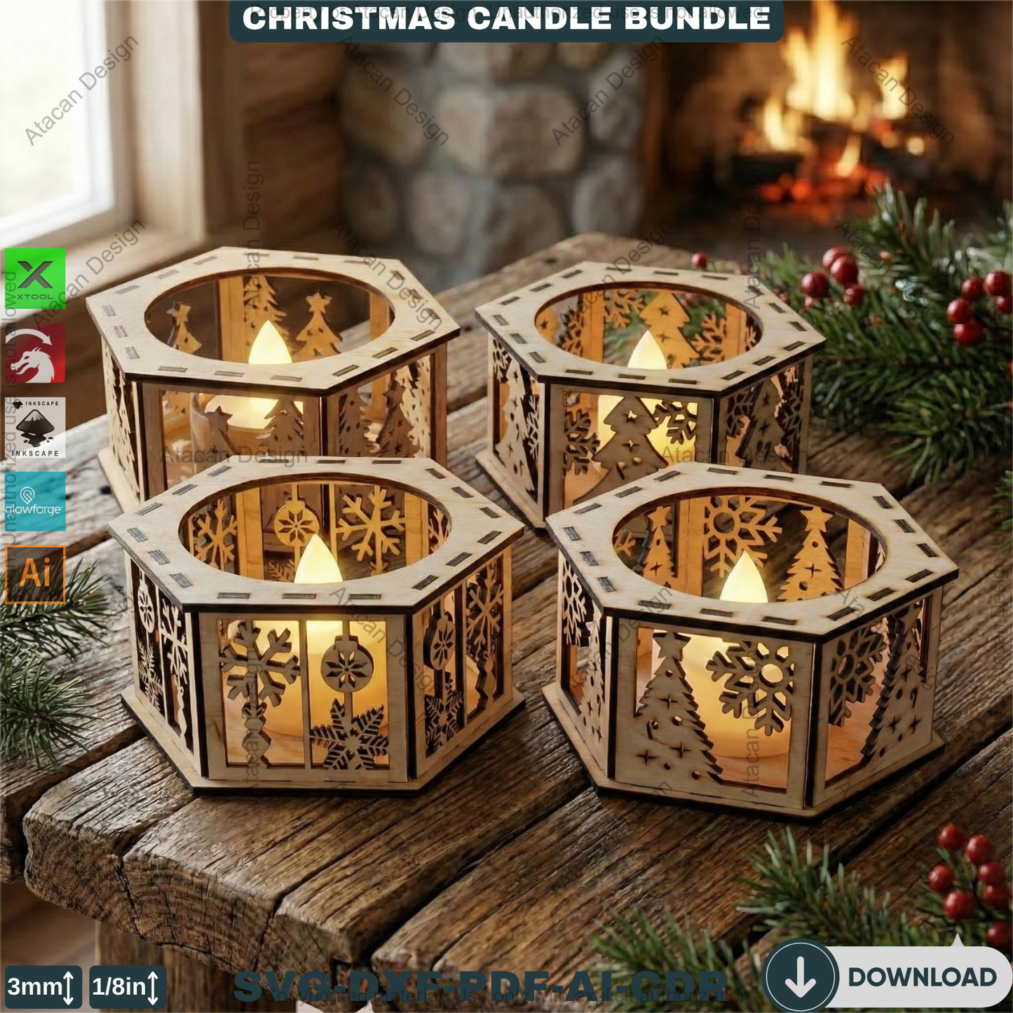 Christmas Tealight Box Bundle - Laser Cut Lantern Templates, Glowforge Xtool SVG Files 924