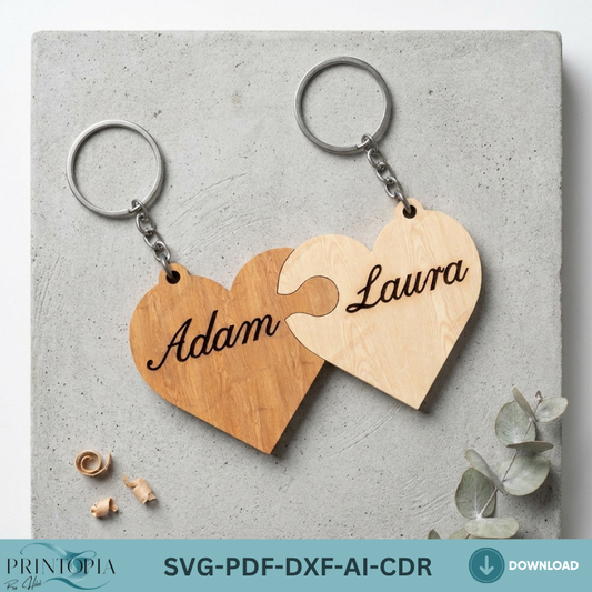 Heart Puzzle Keychain Laser Cut Template Wooden Plywood Keychain Vector File Personalized Couple Gift