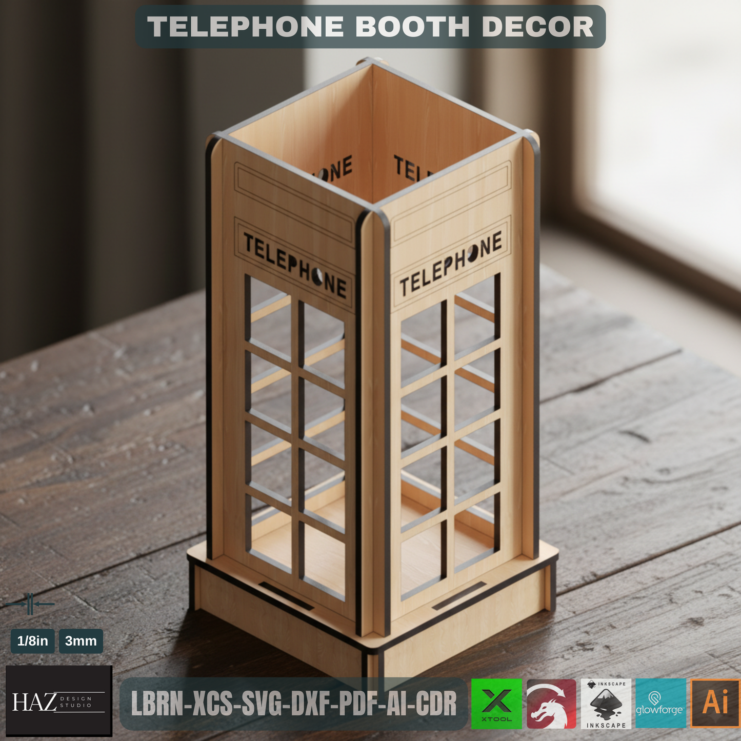 Laser Cut British Telephone Box | Tealight & Pen Holder Design | Iconic Desk Organizer File 449