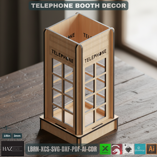 Laser Cut British Telephone Box | Tealight & Pen Holder Design | Iconic Desk Organizer File 449