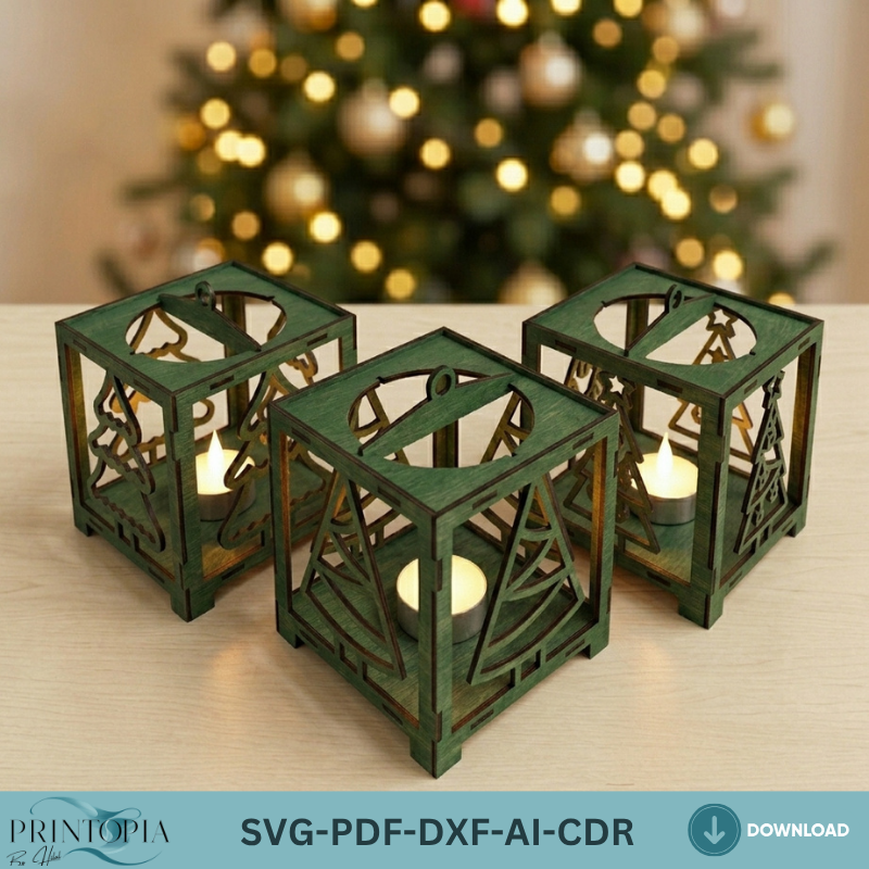 Green Christmas Tea Light Holder Decor / Christmas Ornament Tree Snowman Sled / Candle Holder / Floor Lantern Light DXF SVG Ai CDR ADS354