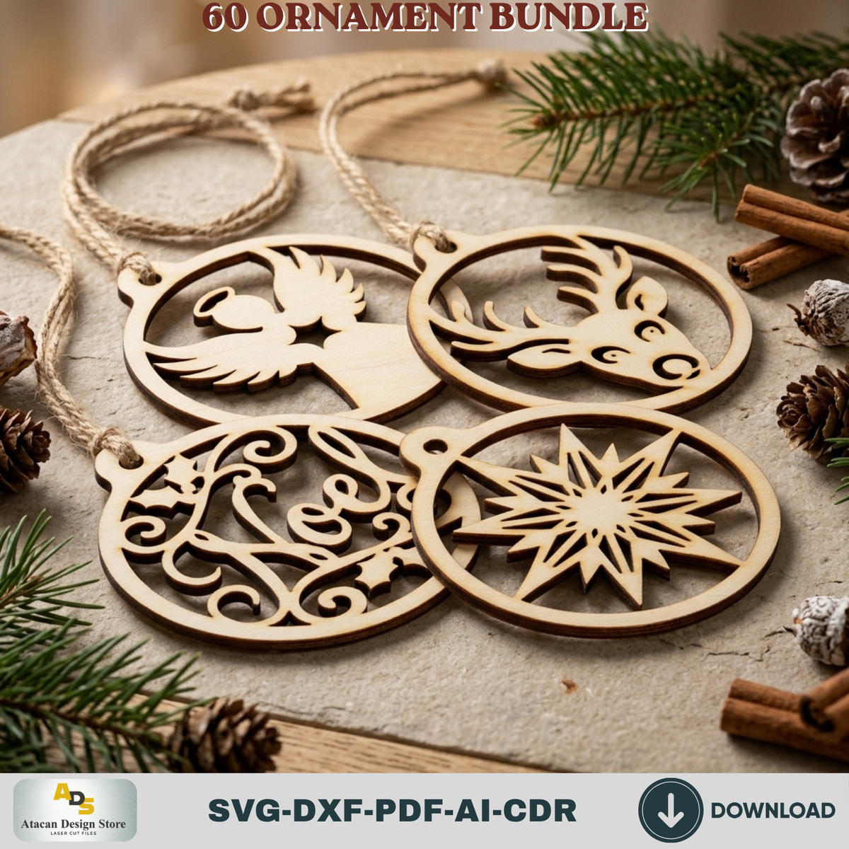 Laser Cut Christmas Ornament Bundle 60 Designs, Wooden Baubles and DIY Tree Decorations