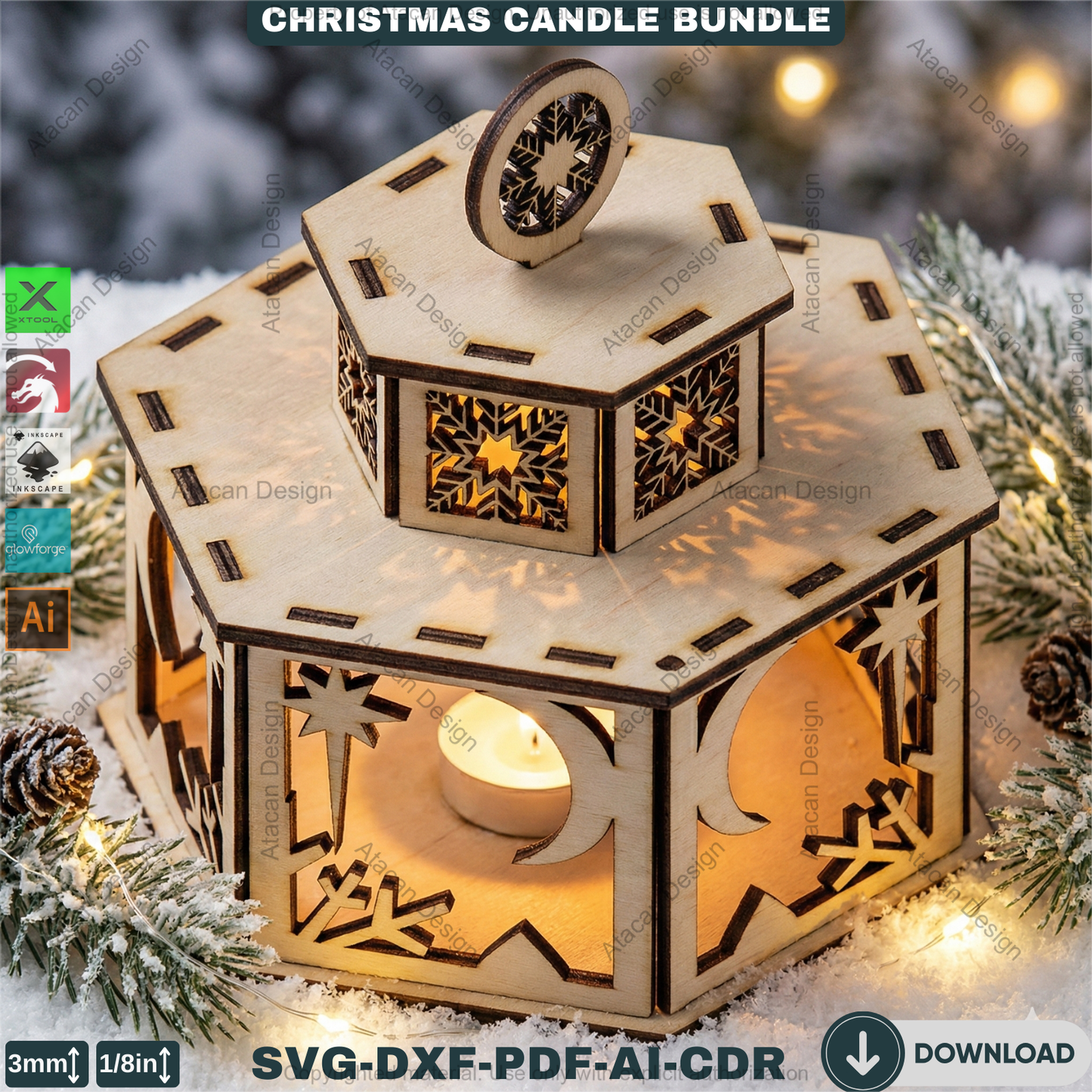 Christmas Candle Holders - Lanterns With Lid - Tealight Laser Cut Lamp Designs - Night Light Decoration 922