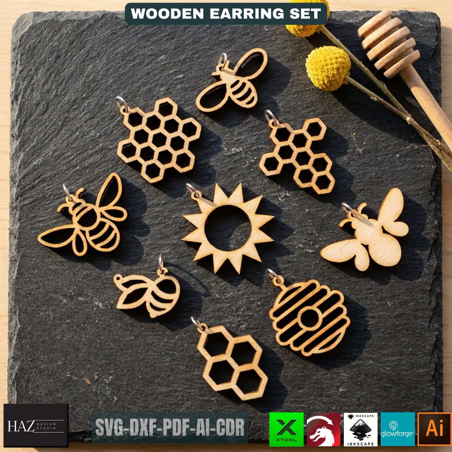 Bee Earring SVG Honeycomb Jewelry Templates Wood Earring Patterns Sun Beehive Earrings