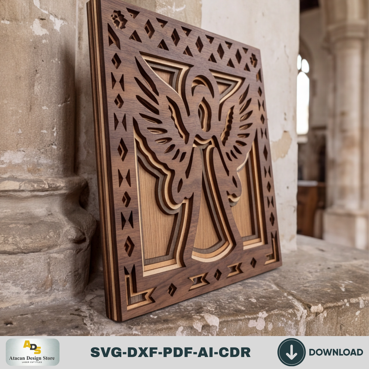3D Angel Wall Decor Laser Cut Pattern, Religious Shadow Box Plaque, Christian Gift Glowforge Design