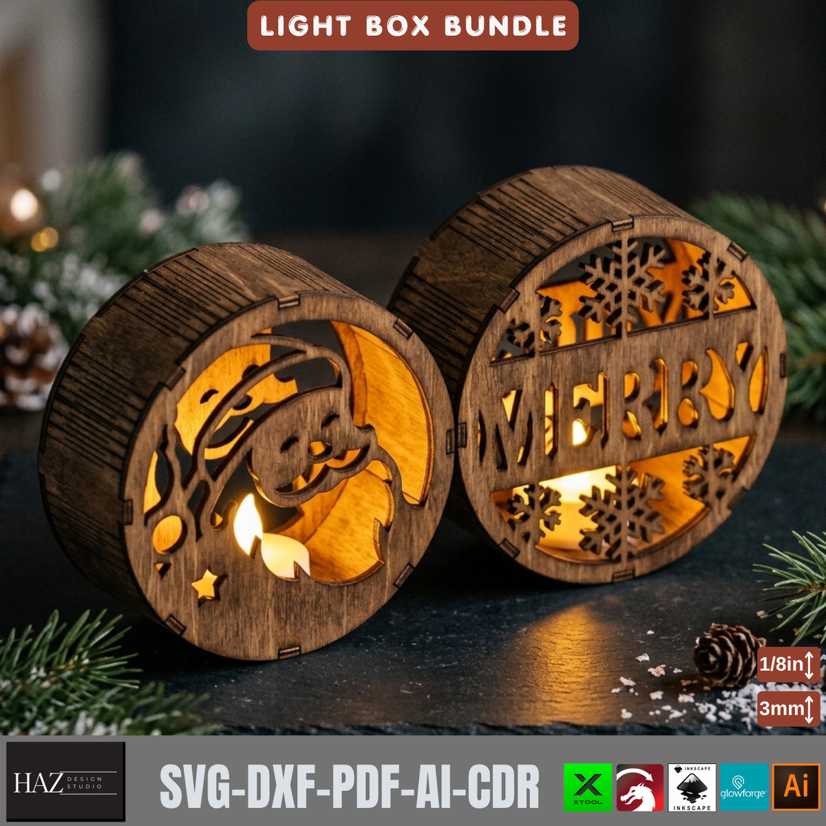 Christmas Light Box Bundle Laser Cut Vector, Wooden Tealight Lantern Template, Holiday Table Decor 578