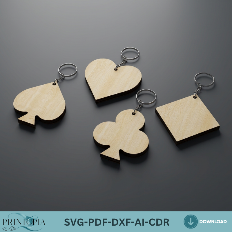 Playing Card Suits Keychain Laser Cut Plans Poker Heart Spade Diamond Club Wooden Keychain Blanks