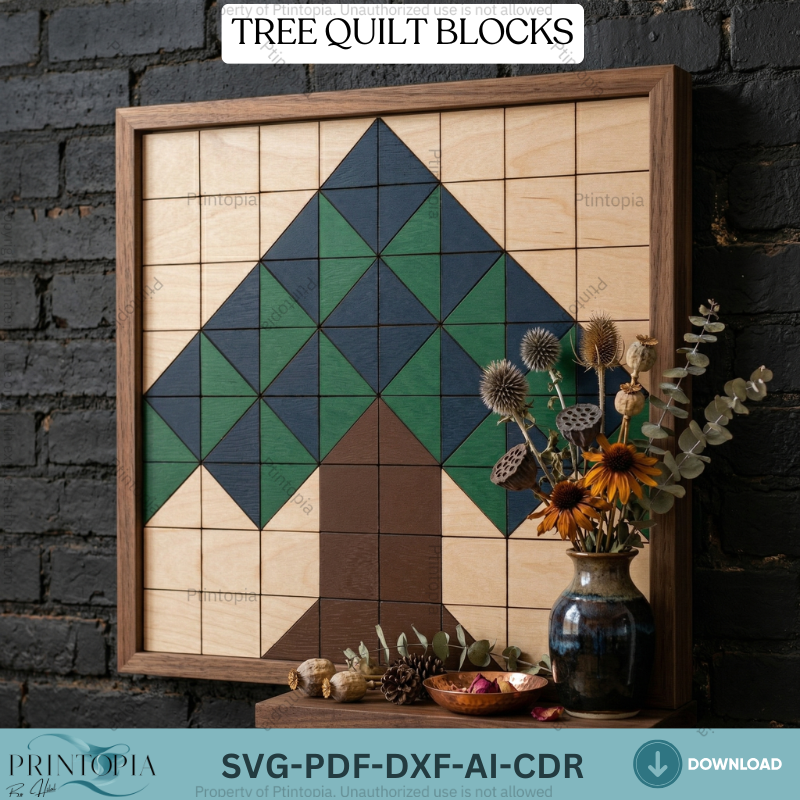 Geometric Tree Barn Quilt Block Pattern Laser Cut Wood Wall Art Decor Digital Template 344