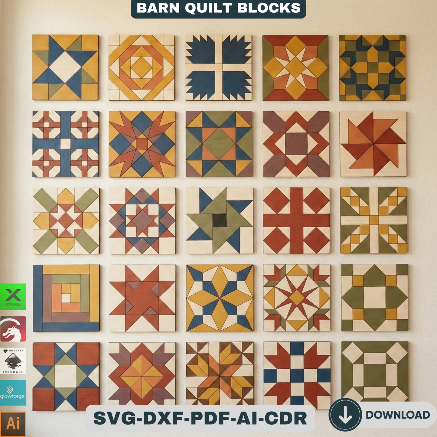 Barn Quilt Blocks, Geometric Patchwork Wall Patterns, DIY Wood Sign Mosaic Decor 937