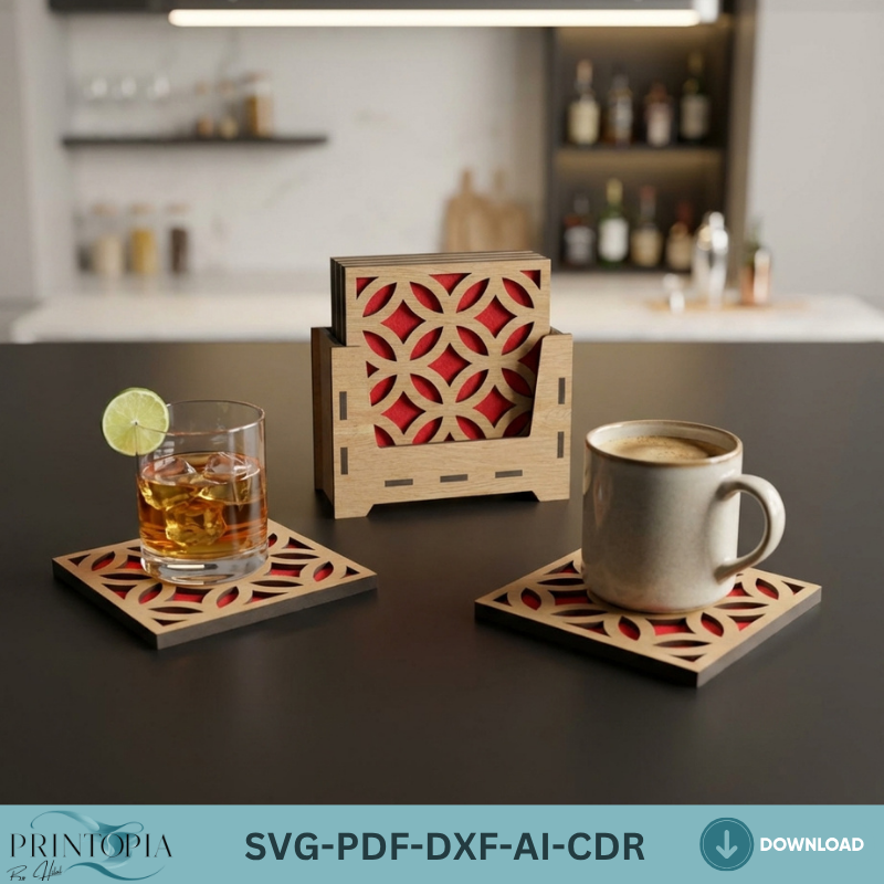 Laser Cut Coaster and Stand / Drink Coasters Holder / Box and Patterns Vector Files SVG DXF Ai CDR 361