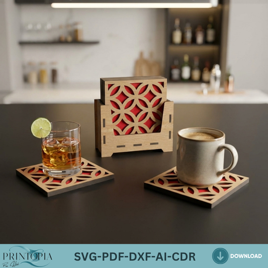 Laser Cut Coaster and Stand / Drink Coasters Holder / Box and Patterns Vector Files SVG DXF Ai CDR 361