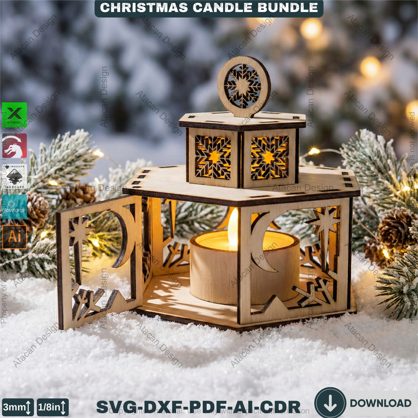 Christmas Candle Holders - Lanterns With Lid - Tealight Laser Cut Lamp Designs - Night Light Decoration 922