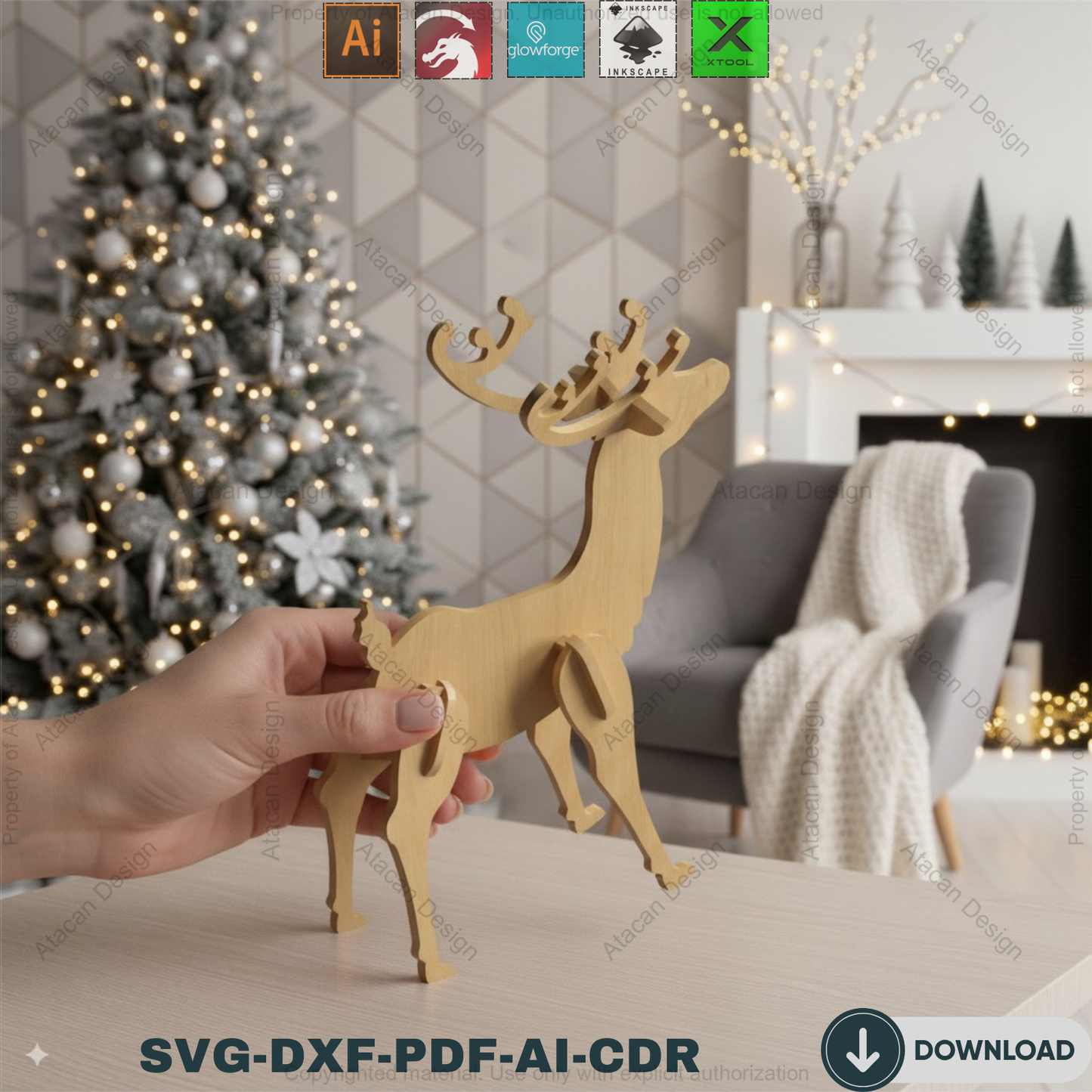 Christmas Deer Laser cut Files / Christmas Reindeer Puzzle / New Year Wooden Decoration SVG, DXF, CDR 296
