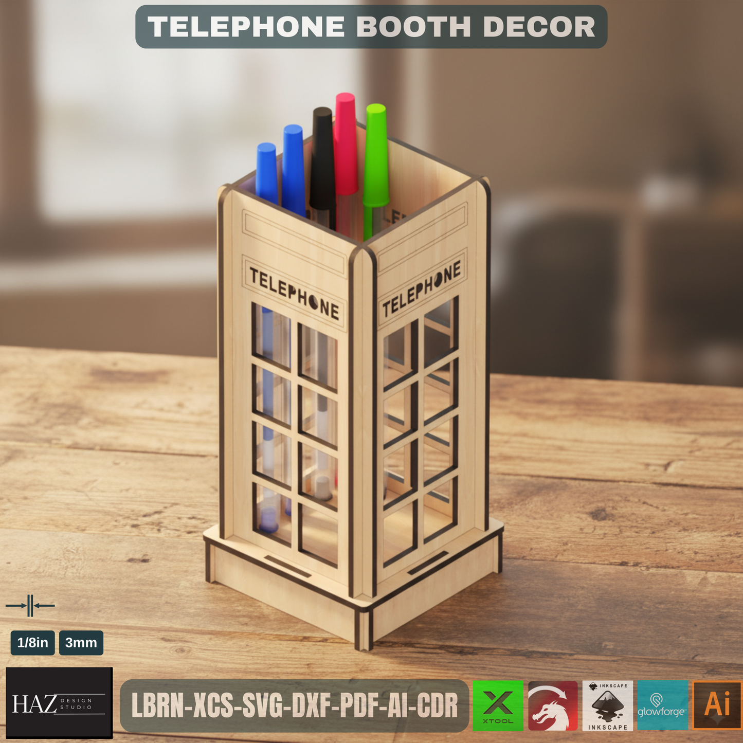 Laser Cut British Telephone Box | Tealight & Pen Holder Design | Iconic Desk Organizer File 449