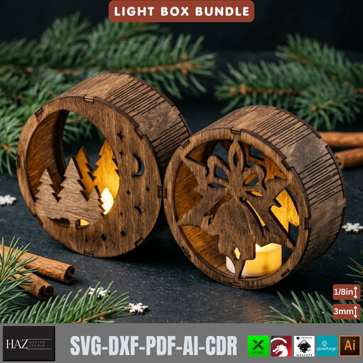 Christmas Light Box Bundle Laser Cut Vector, Wooden Tealight Lantern Template, Holiday Table Decor 578