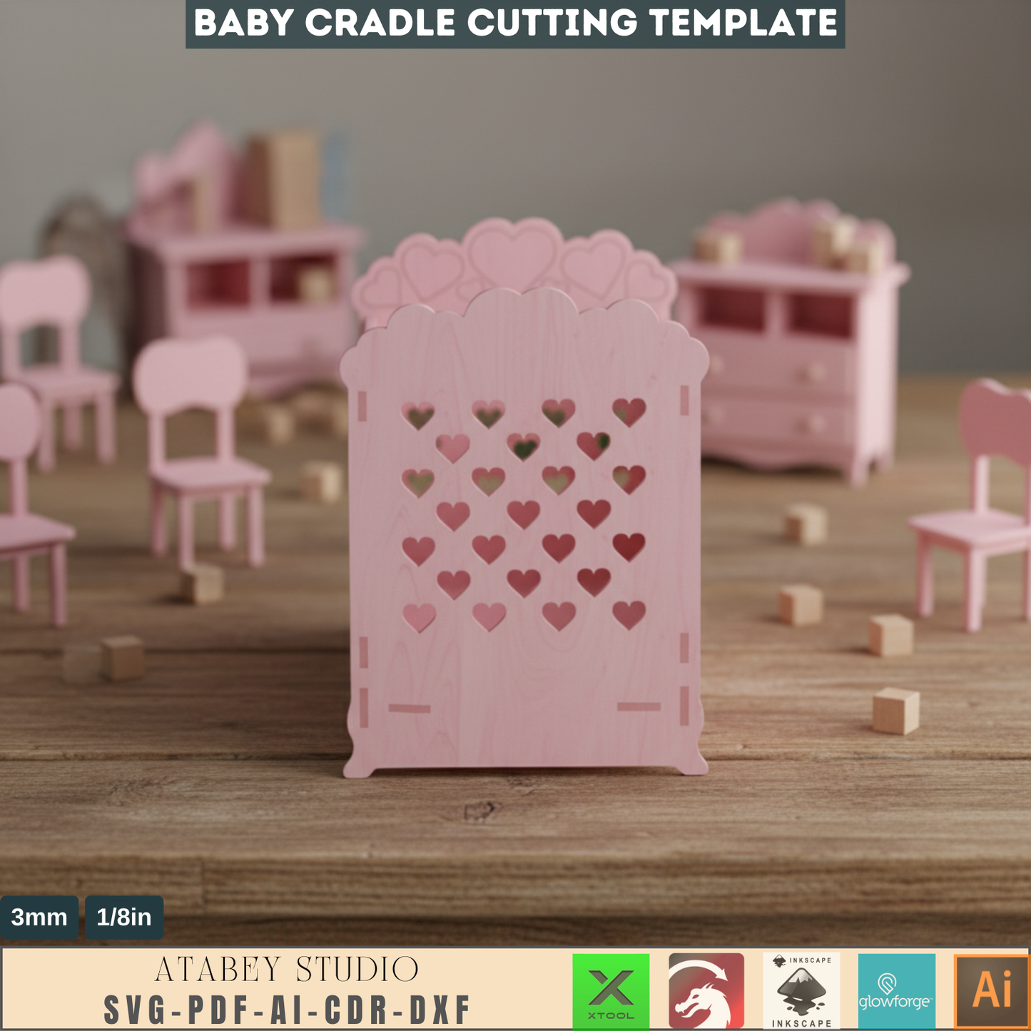 DIY Nursery Furniture Plans - Charming Wooden Cradle Design - Heart Pattern, Easy Laser Cut Files 602