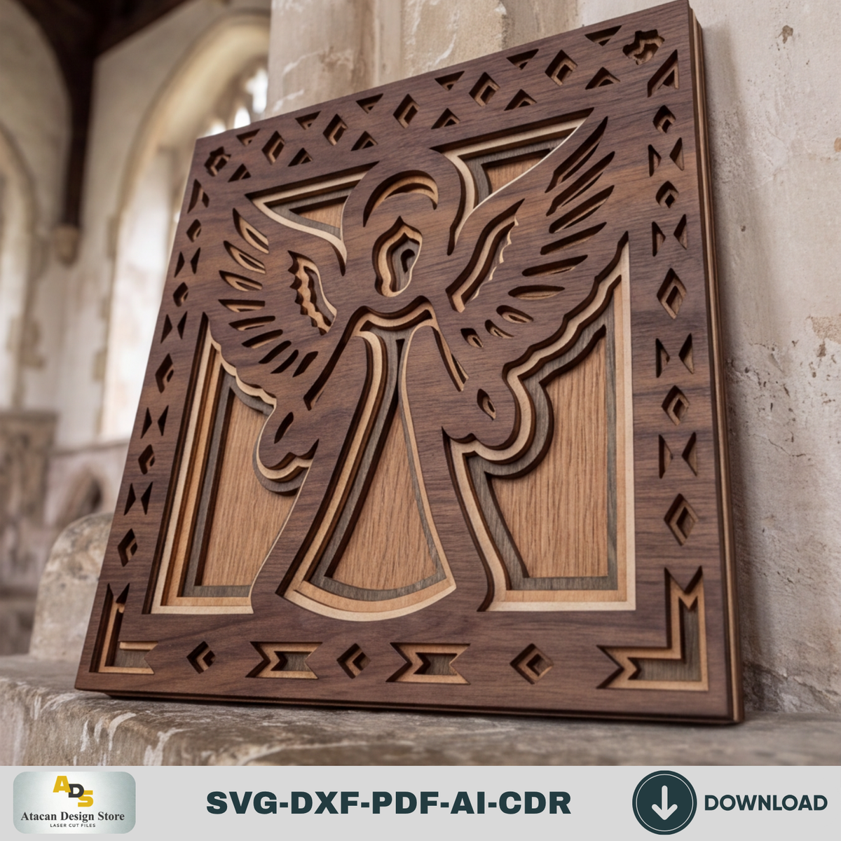 3D Angel Wall Decor Laser Cut Pattern, Religious Shadow Box Plaque, Christian Gift Glowforge Design
