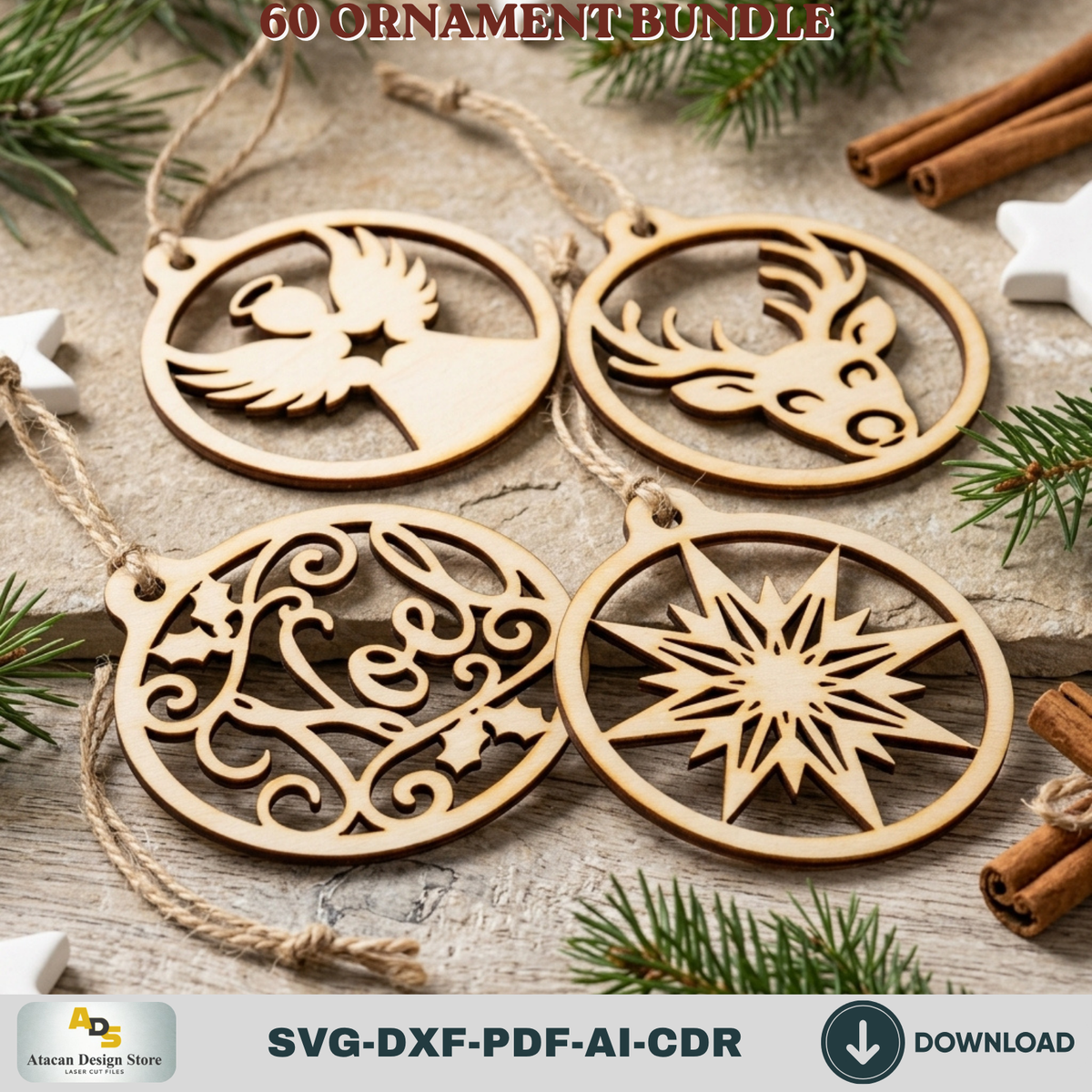 Laser Cut Christmas Ornament Bundle 60 Designs, Wooden Baubles and DIY Tree Decorations