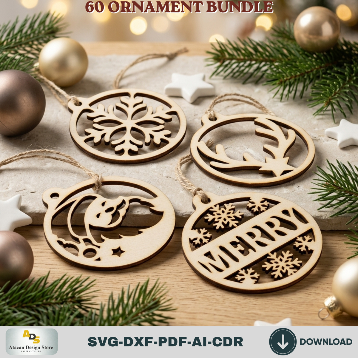 Laser Cut Christmas Ornament Bundle 60 Designs, Wooden Baubles and DIY Tree Decorations
