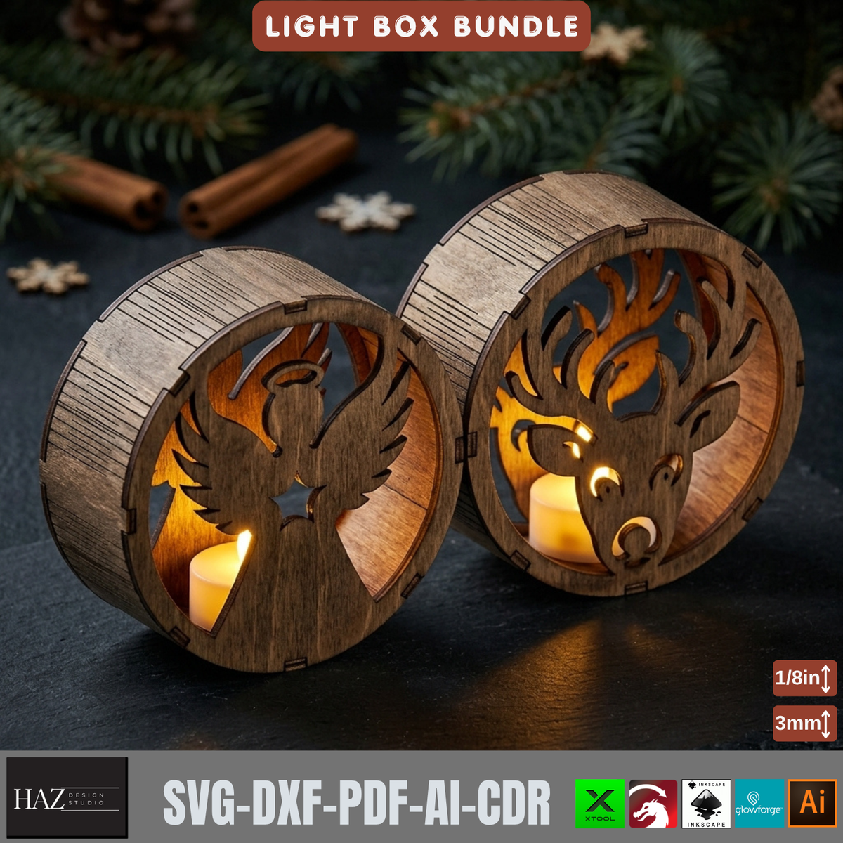 Christmas Light Box Bundle Laser Cut Vector, Wooden Tealight Lantern Template, Holiday Table Decor 578