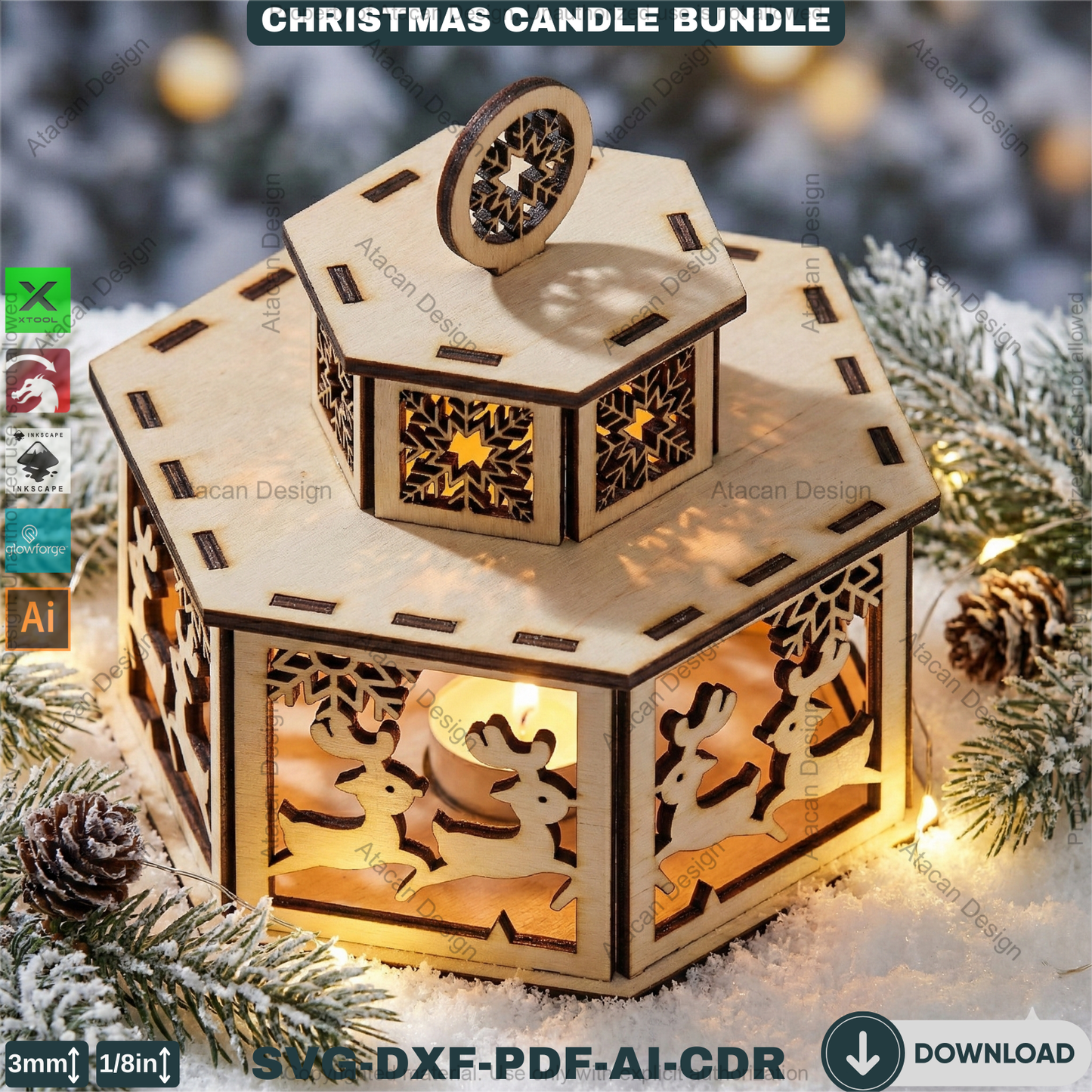 Christmas Candle Holders - Lanterns With Lid - Tealight Laser Cut Lamp Designs - Night Light Decoration 922