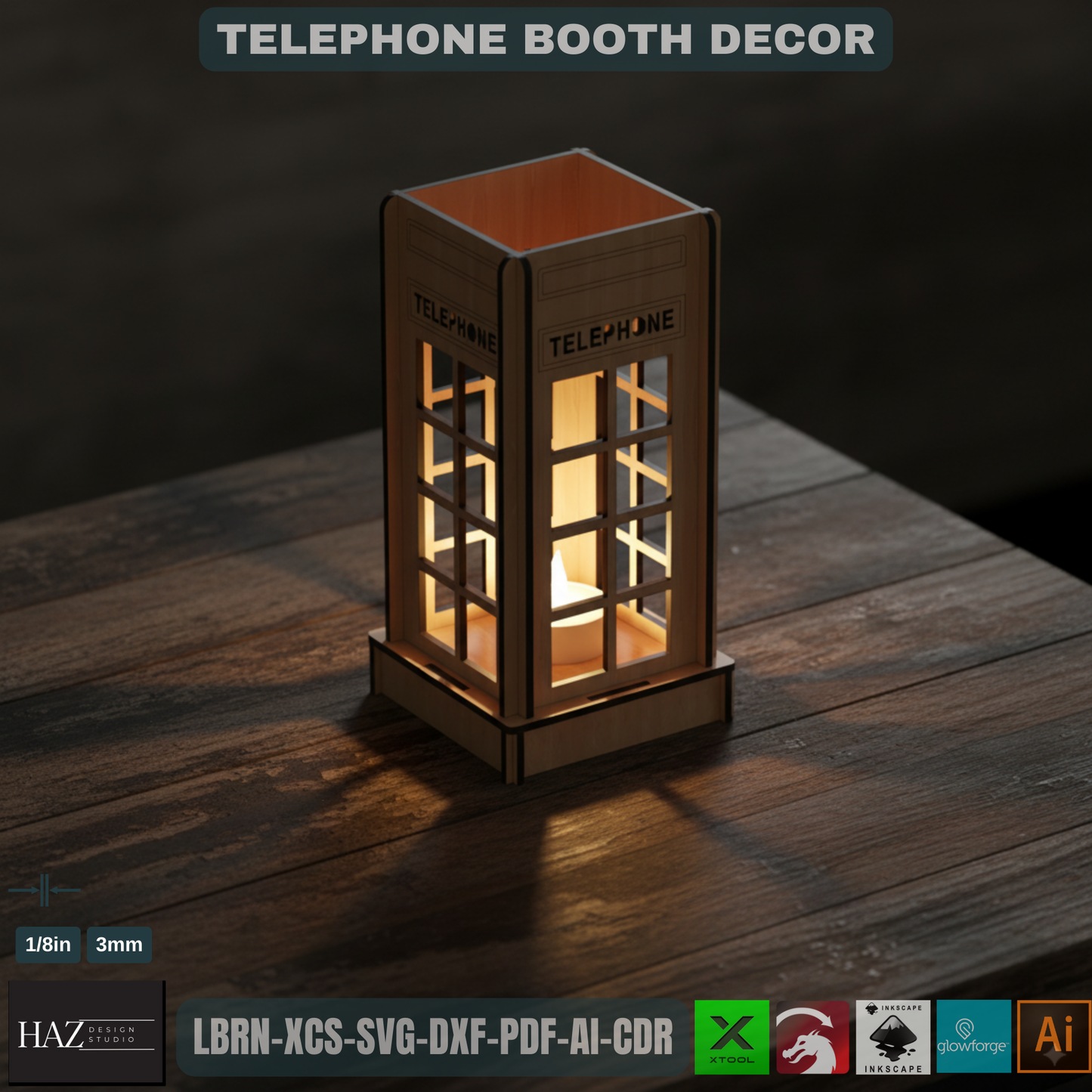 Laser Cut British Telephone Box | Tealight & Pen Holder Design | Iconic Desk Organizer File 449