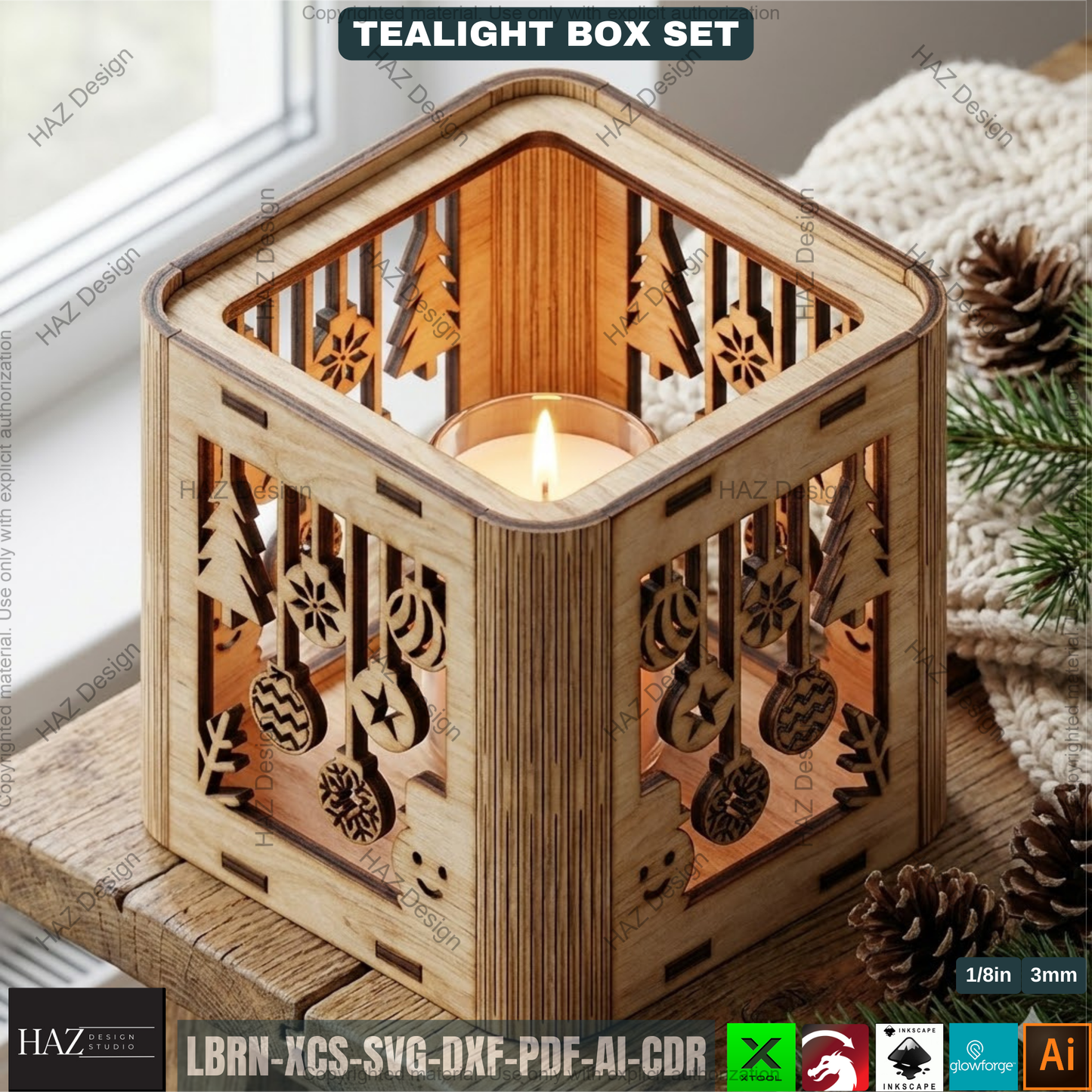 Christmas Ornament Candle Box, Wooden Luminary Vector, Flexible Plywood Lantern, Xmas Centerpiece Laser Plan, Holiday Votive Holder DIY 503