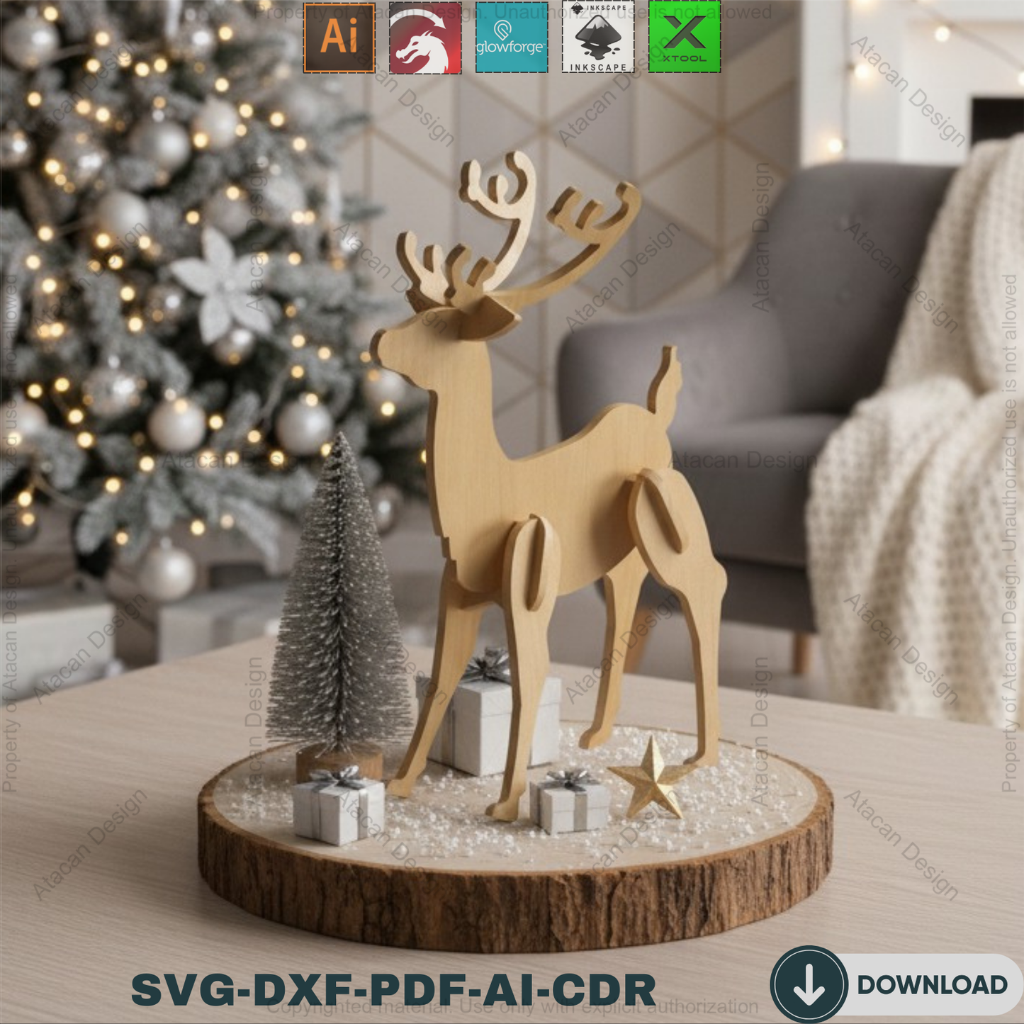 Christmas Deer Laser cut Files / Christmas Reindeer Puzzle / New Year Wooden Decoration SVG, DXF, CDR 296