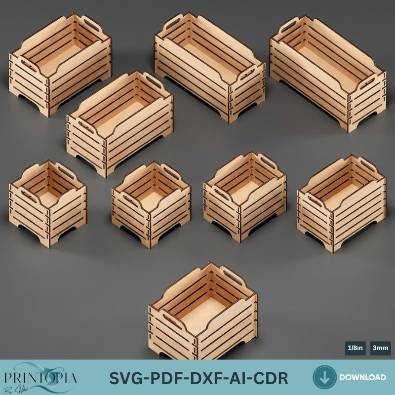 Laser Cut Vector Storage Boxes | Stackable Wooden Crates for Home and Office Organization