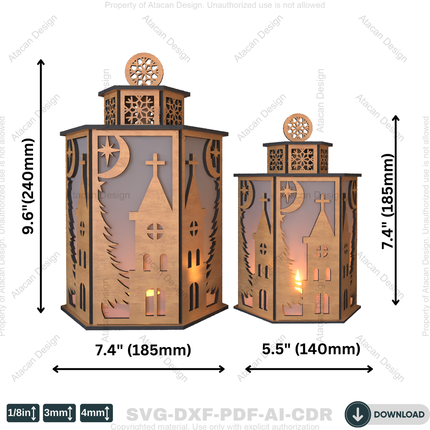 Festive Church Lantern Design – Reindeer and Christmas Tree Candle Holder Template 785