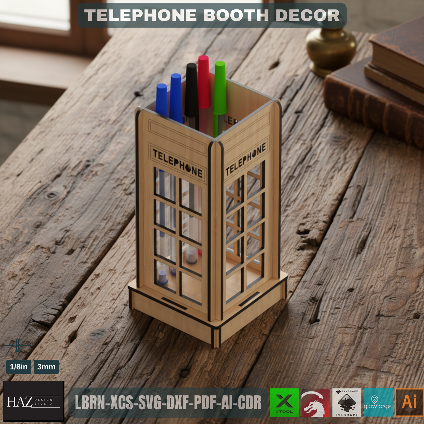 Laser Cut British Telephone Box | Tealight & Pen Holder Design | Iconic Desk Organizer File 449