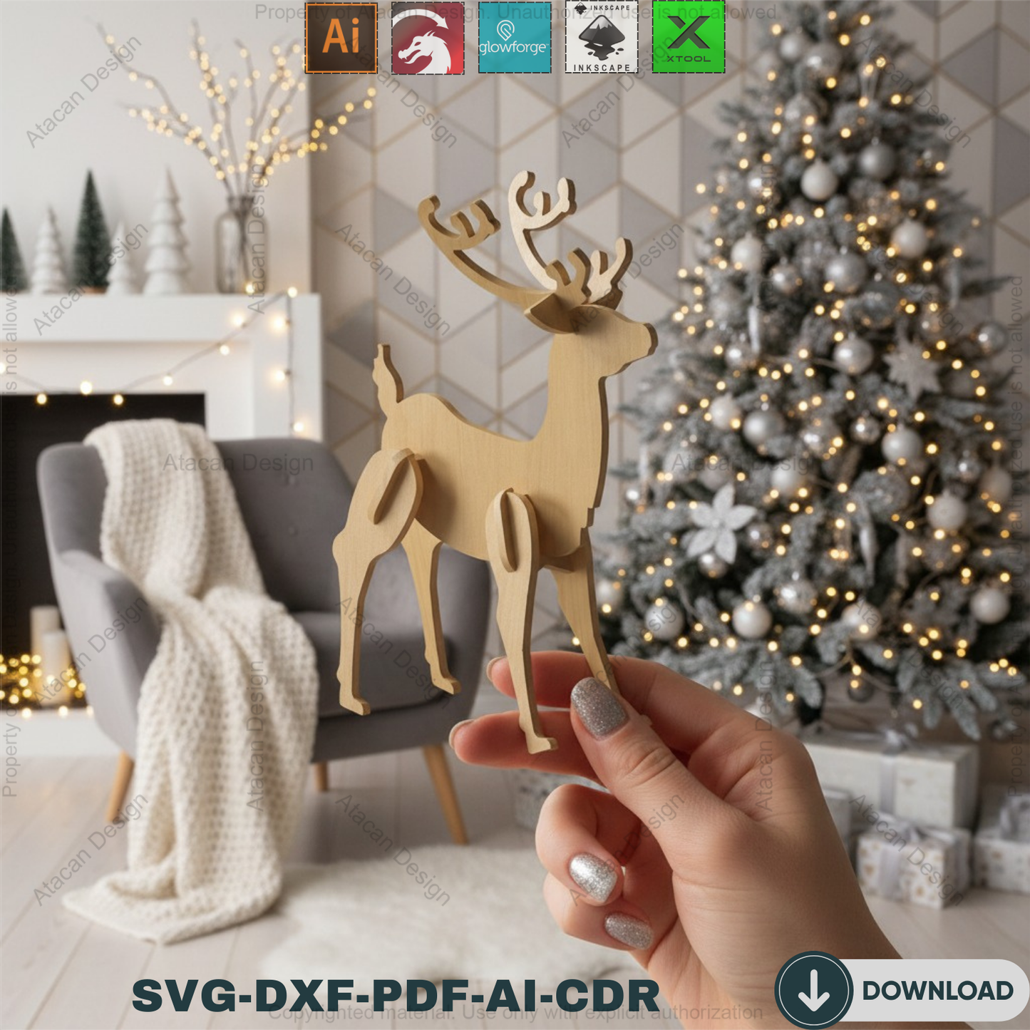 Christmas Deer Laser cut Files / Christmas Reindeer Puzzle / New Year Wooden Decoration SVG, DXF, CDR 296