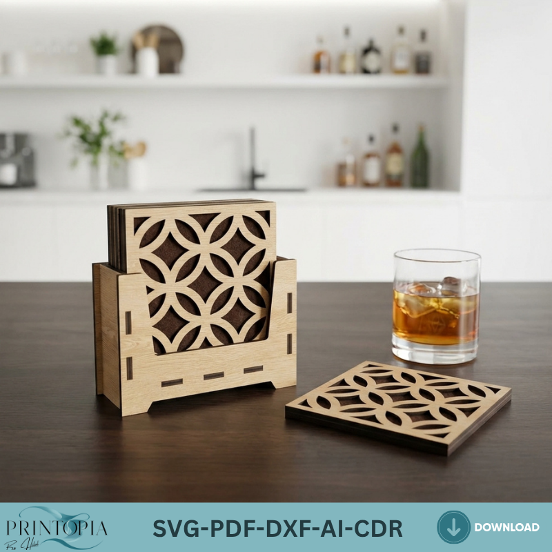 Laser Cut Coaster and Stand / Drink Coasters Holder / Box and Patterns Vector Files SVG DXF Ai CDR 361