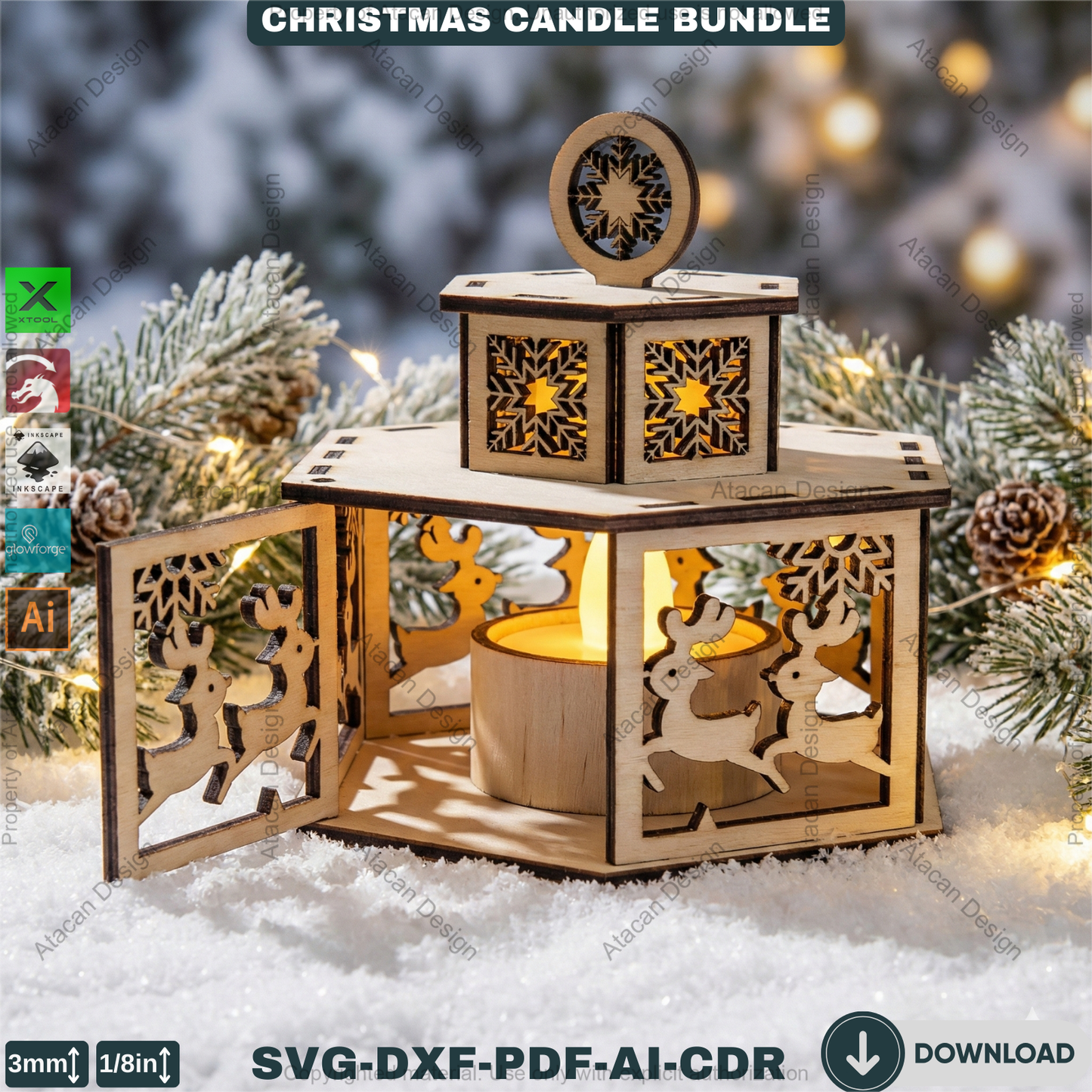 Christmas Candle Holders - Lanterns With Lid - Tealight Laser Cut Lamp Designs - Night Light Decoration 922