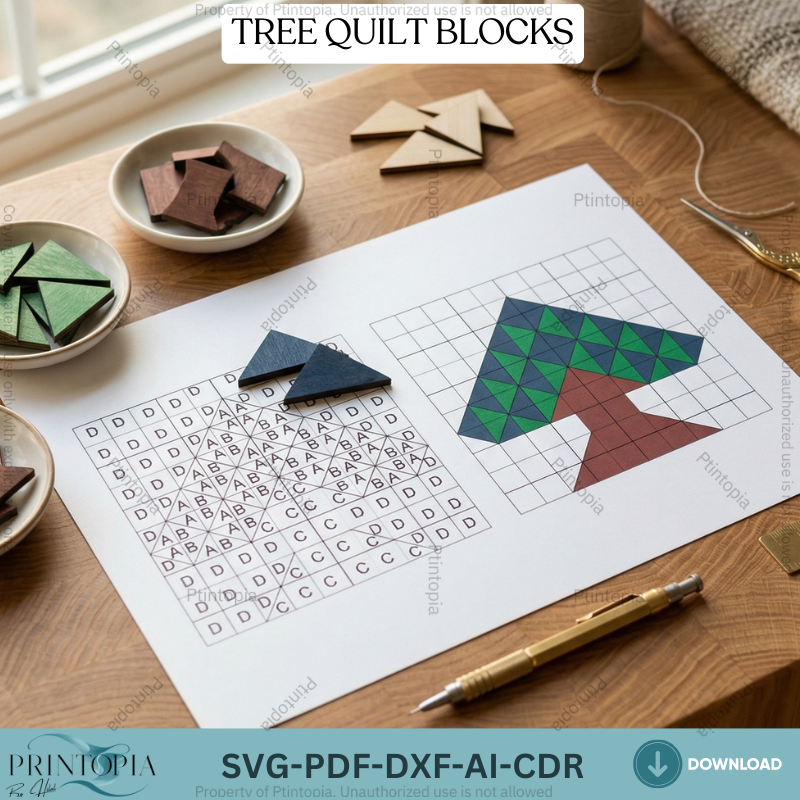 Geometric Tree Barn Quilt Block Pattern Laser Cut Wood Wall Art Decor Digital Template 344