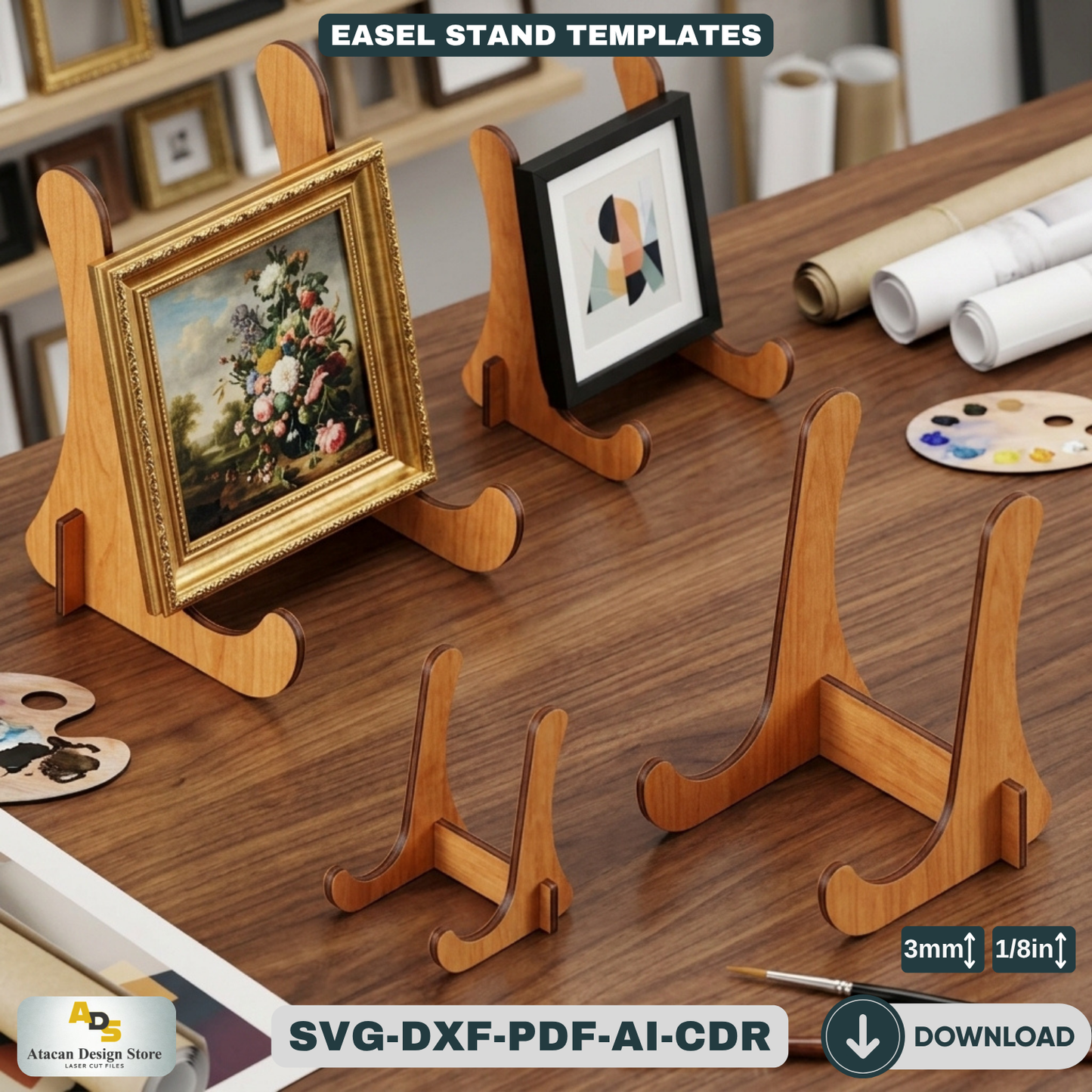 Wooden Easel Stand Laser Cut Template Art Display Holder for Frames and Signs 083