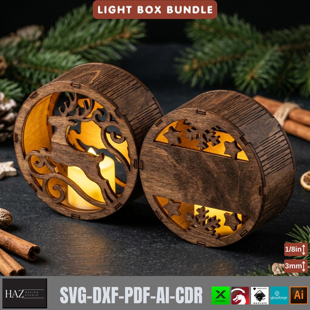 Christmas Light Box Bundle Laser Cut Vector, Wooden Tealight Lantern Template, Holiday Table Decor 578