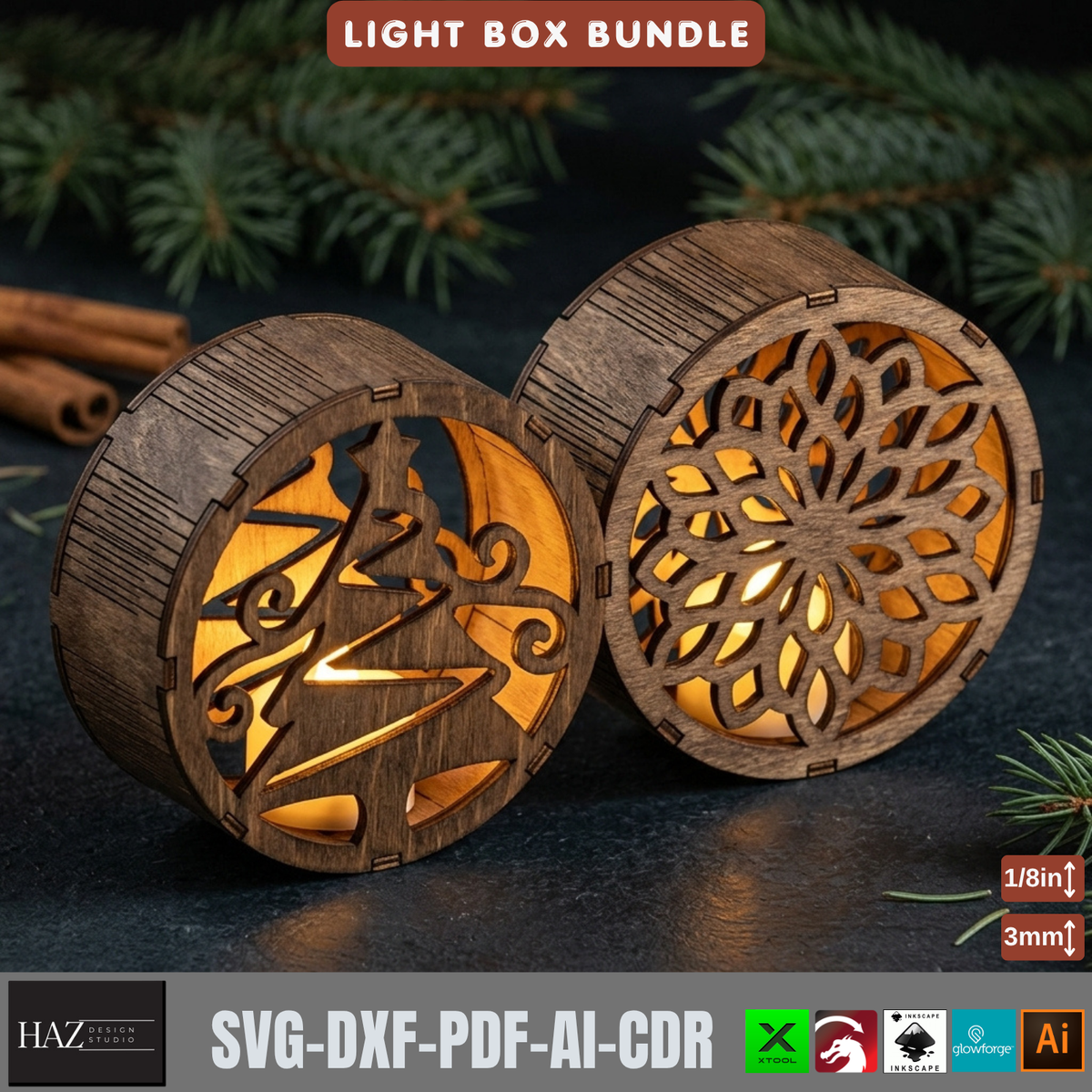 Christmas Light Box Bundle Laser Cut Vector, Wooden Tealight Lantern Template, Holiday Table Decor 578