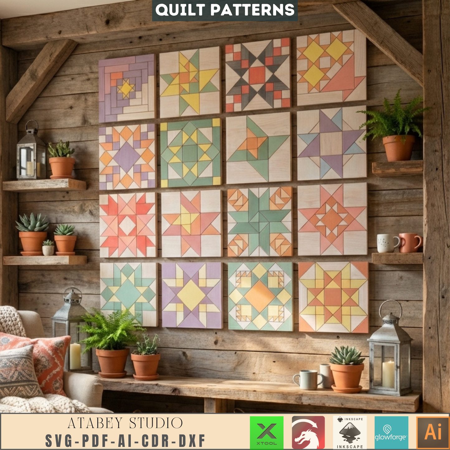 Quilt Block Patterns Geometric Wall Art Mosaic Panel DIY Patchwork Craft Blueprints 990