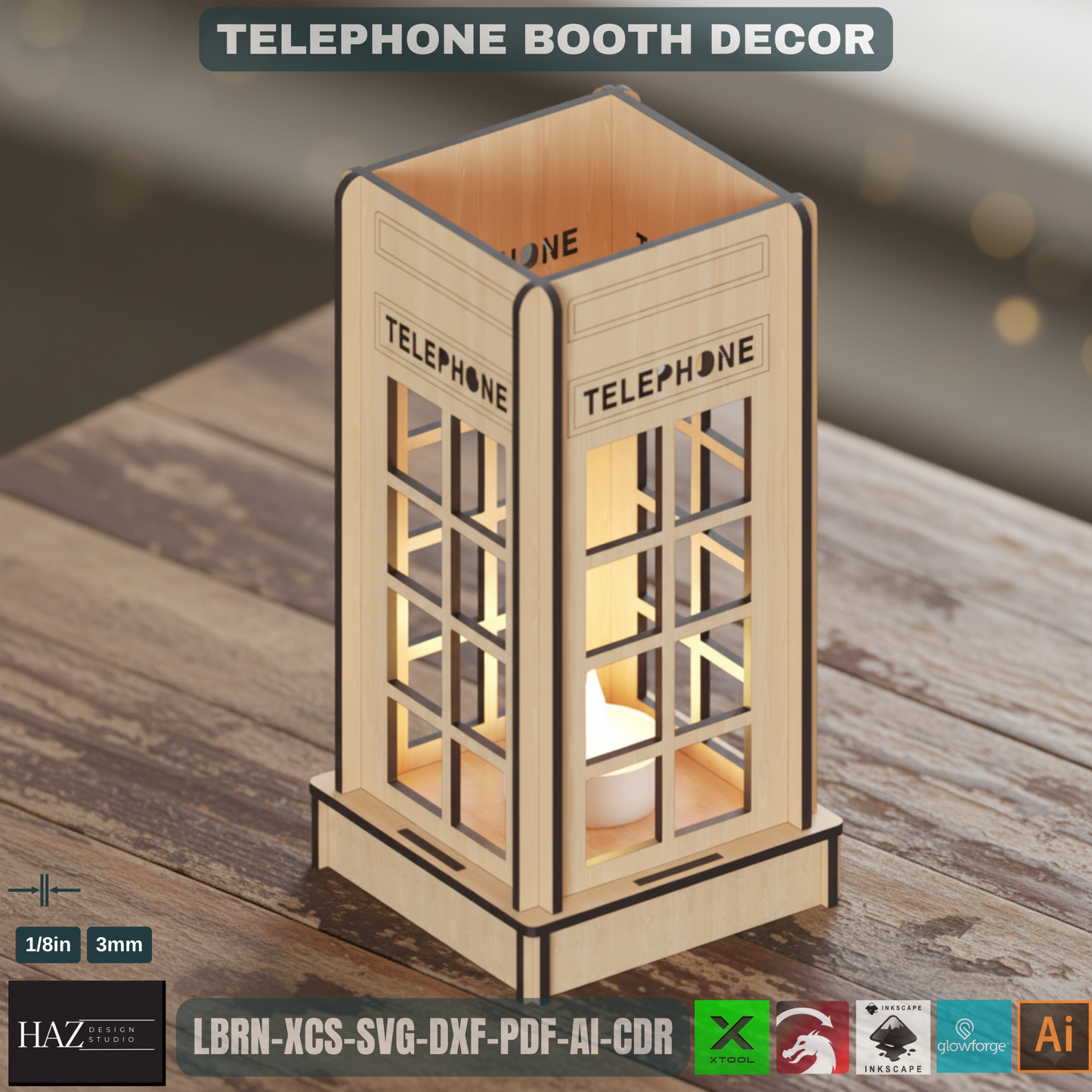 Laser Cut British Telephone Box | Tealight & Pen Holder Design | Iconic Desk Organizer File 449